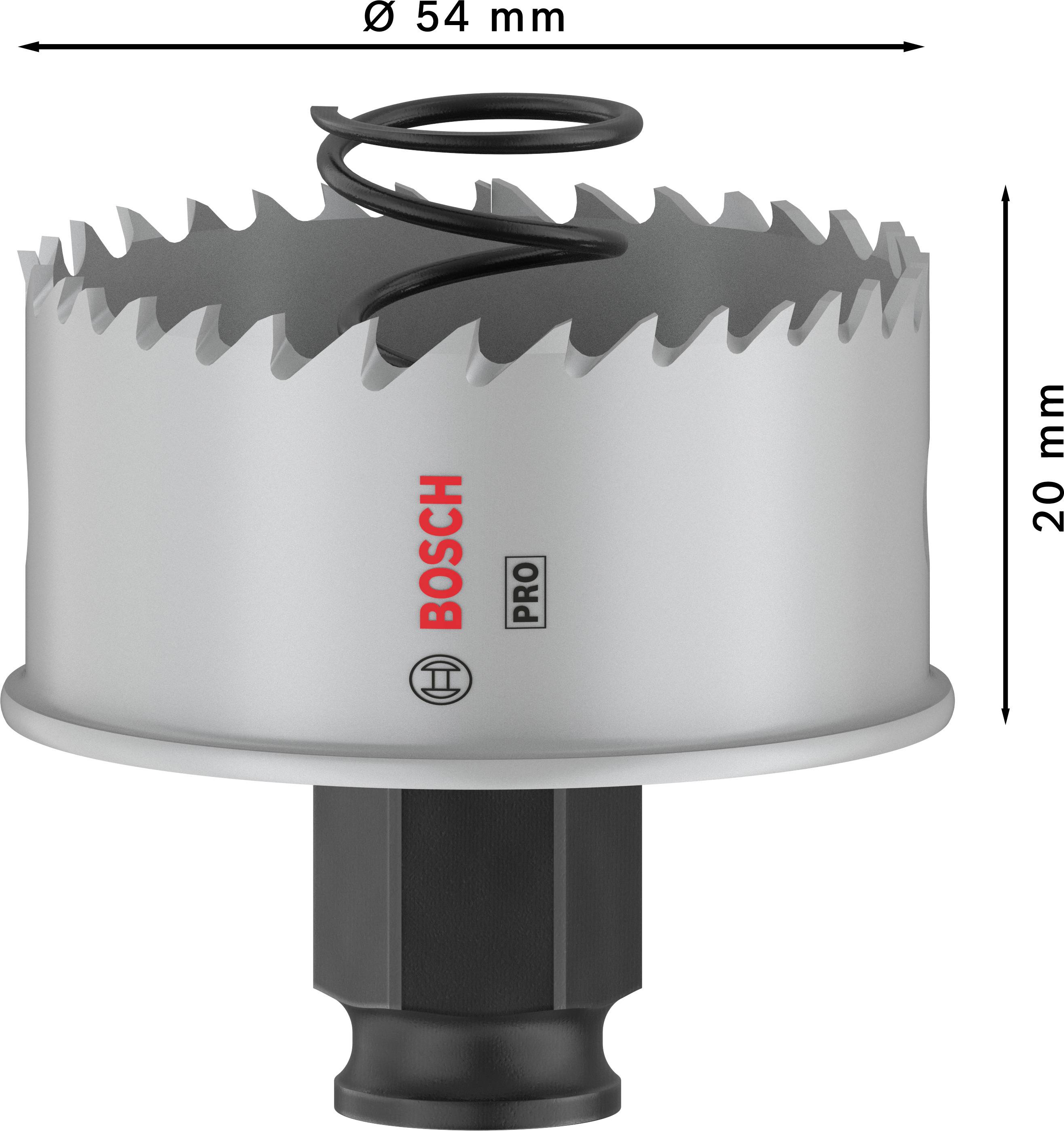 Lochsäge von Bosch mit Durchmesser 54 mm und Höhe 20 mm. Sie hat eine gezackte Kante und ist mit einem Metallfeder versehen.