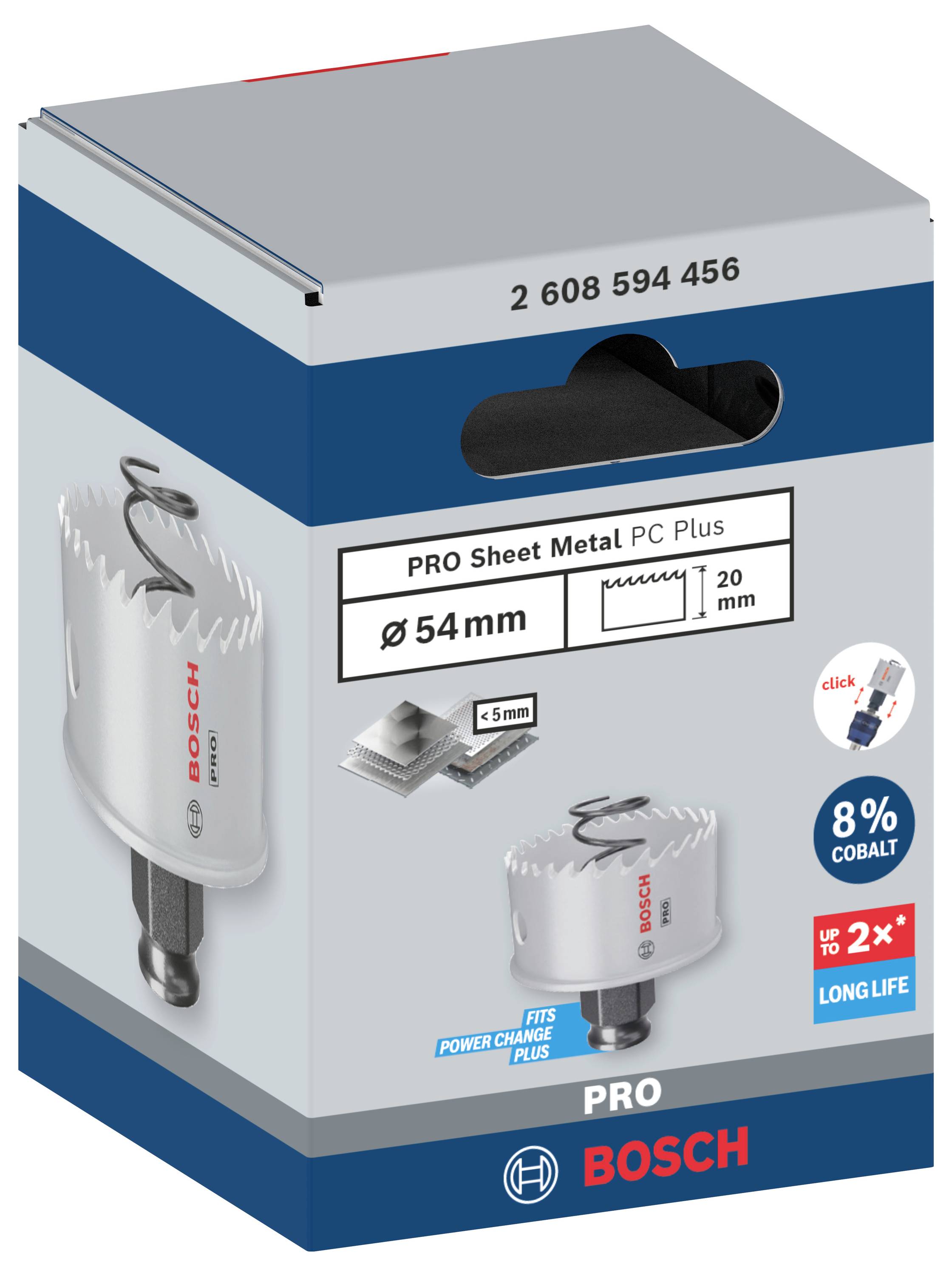 Bohrer-Verpackung mit 54 mm Aufsatz für Pro Blech Metall. Enthält Cobalt 8% und ist für Power-Change Plus geeignet. 'Long Life' erwähnt.