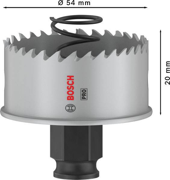 Bimetall-Lochsäge mit 54 mm Durchmesser und 20 mm Tiefe, Bosch-Logo auf der Seite, geeignet für Präzisionsbohrungen in Metall.