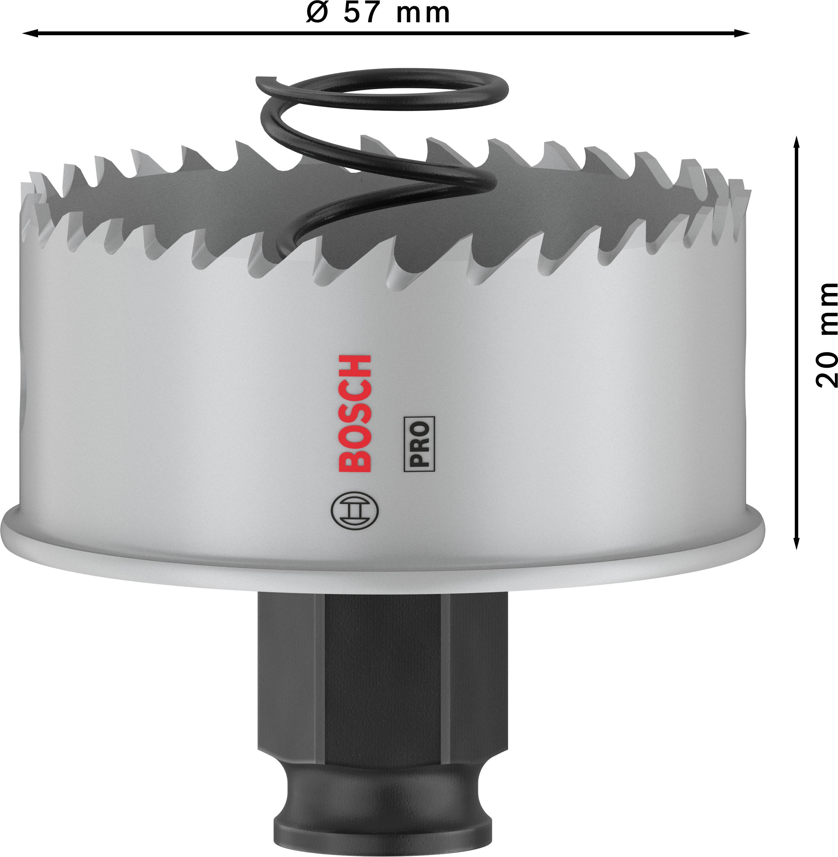 Metall-Lochsäge 'Ø 57 mm, Höhe 20 mm', Marke Bosch, mit scharfen Zähnen und Springfeder, für unterschiedliche Bohranwendungen.