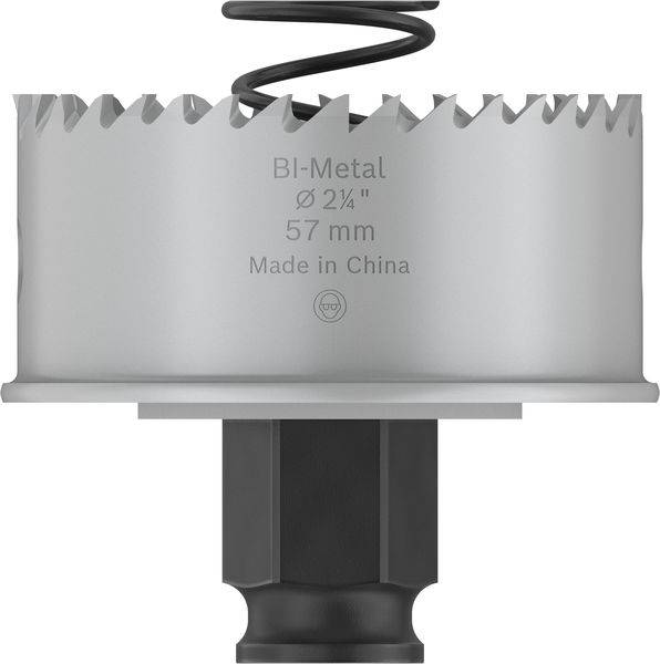Bohrkrone aus Bi-Metall mit einem Durchmesser von 57 mm. Geeignet zum Bohren in Metall und Holz, Made in China.