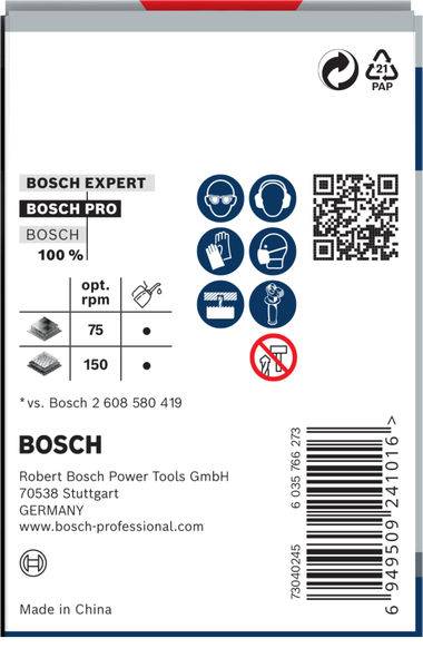 Verpackungsetikett von Bosch, zeigt Schutzsymbole wie Handschuhe und Brille. Enthält QR-Code, Kontaktinformationen und Herstellungshinweis.
