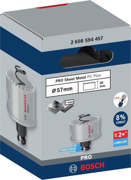 Verpackung einer Bosch Lochsäge für Blech mit 57 mm Durchmesser und 20 mm Tiefe. Enthält 8 % Kobalt, geeignet für Blech unter 5 mm.