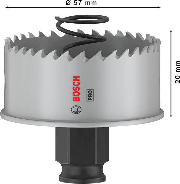 Kreissägeaufsatz der Marke Bosch mit 57 mm Durchmesser und 20 mm Tiefe. Oben befindet sich eine spiralförmige Feder für den Bohrer.