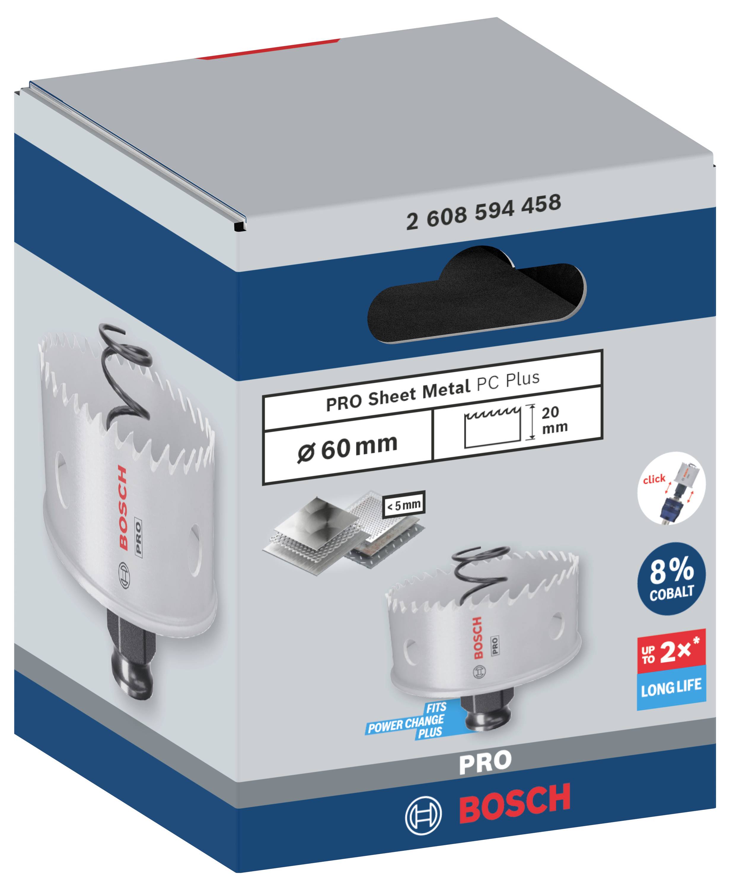 Ein Bosch Lochsäge-Set für Blechbearbeitung. Durchmesser 60 mm, Bohrtiefe bis 5 mm, aus 8 % Kobalt für längere Lebensdauer.