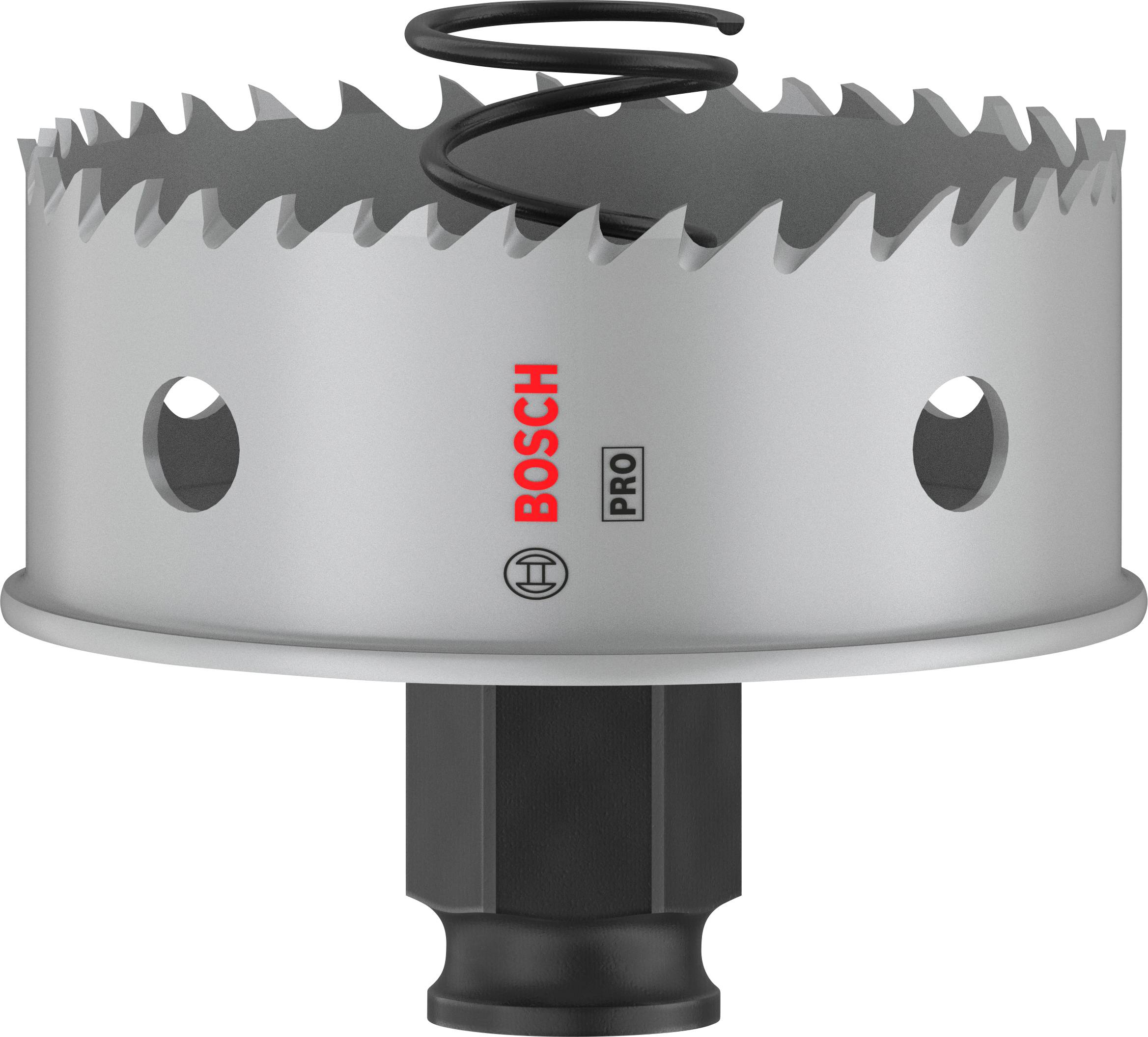 Sägekrone aus Metall mit scharfen Zähnen und Schraubenfeder, geeignet für professionelle Bohrarbeiten, 'Bosch Pro'-Markierung.