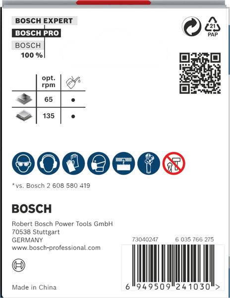 Verpackungsrückseite eines Bosch-Werkzeugs mit Artikelnummer, QR-Code, technischen Spezifikationen und Herstellerinformationen.