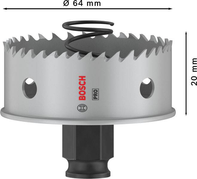 Metall-Lochsäge Bosch Pro, Ø 64 mm, Höhe 20 mm, ausgestattet mit scharfen Zähnen, für präzises Bohren in Metalloberflächen.