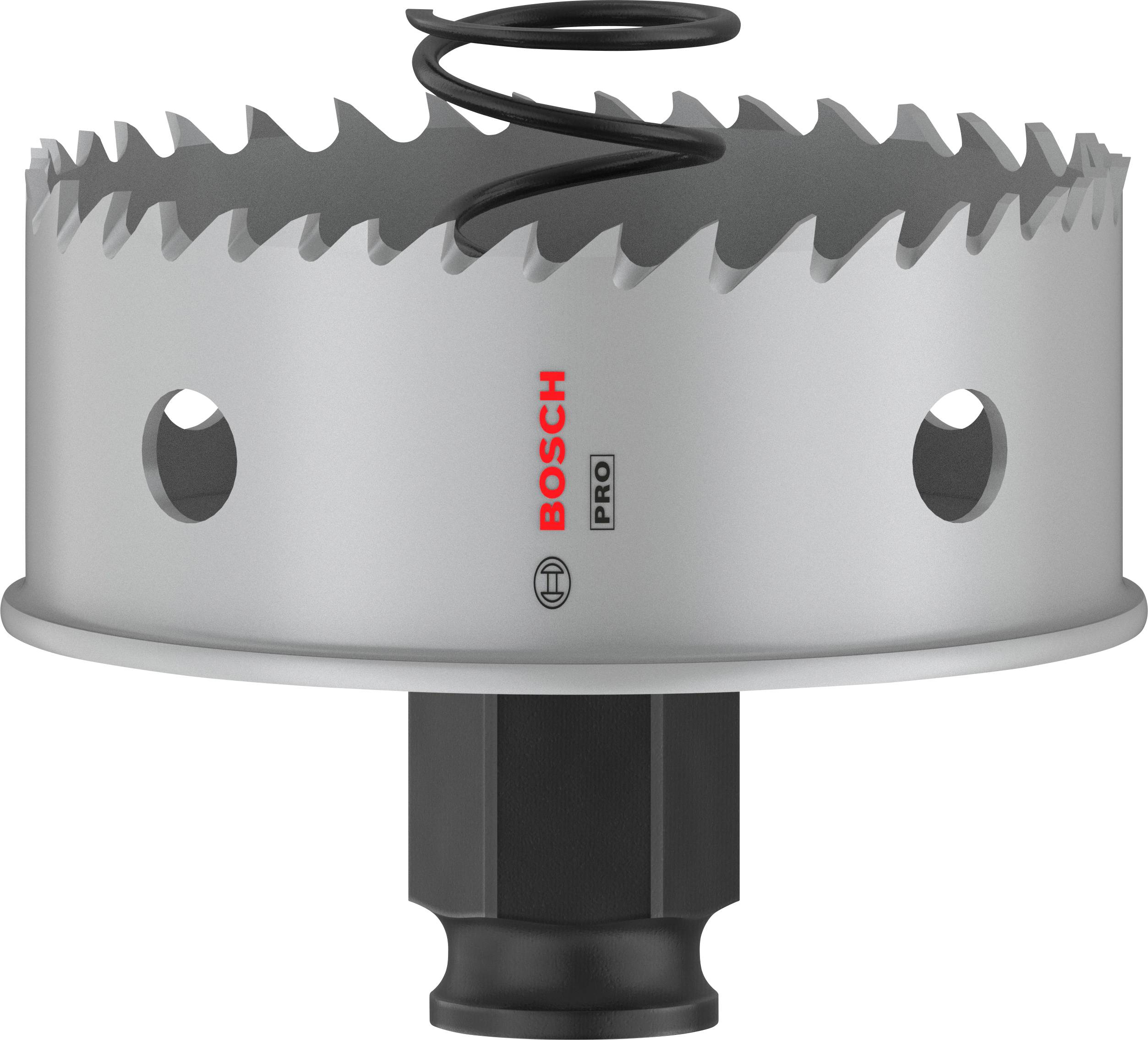 Metallsägekrone mit scharfen Zähnen und einer Feder oben, markiert mit 'Bosch Pro'.