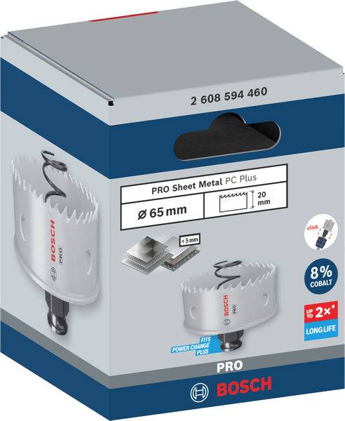 Verpackung einer Bosch Lochsäge für Blech. Durchmesser: 65 mm, Material: +8 % Kobalt, für Blech bis 5 mm. Langlebige Qualität.
