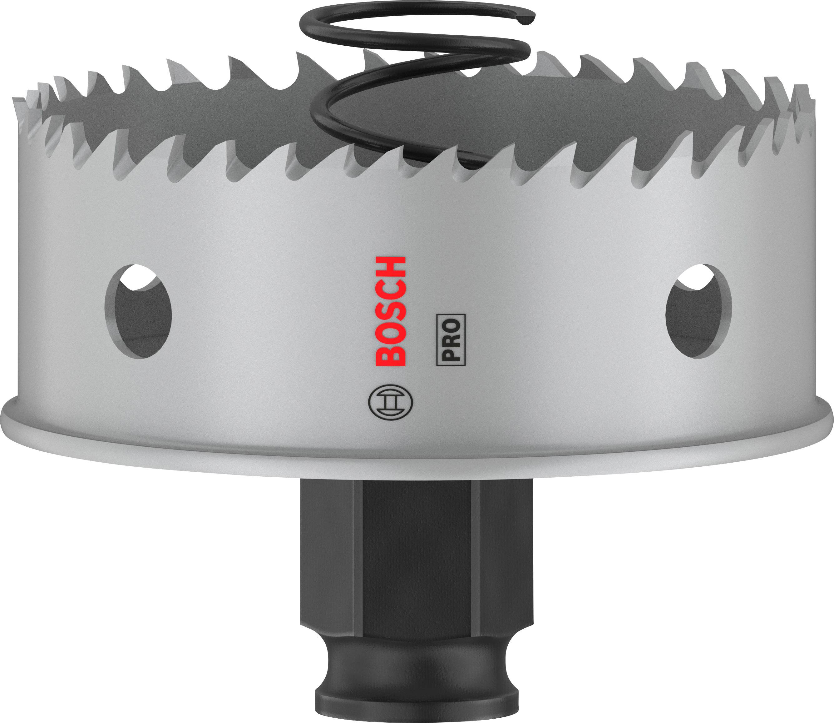 Metallsägekrone mit scharfen Zähnen, geeignet für präzise Bohrarbeiten. Im Hintergrund eine Spiralspule für Stabilität.