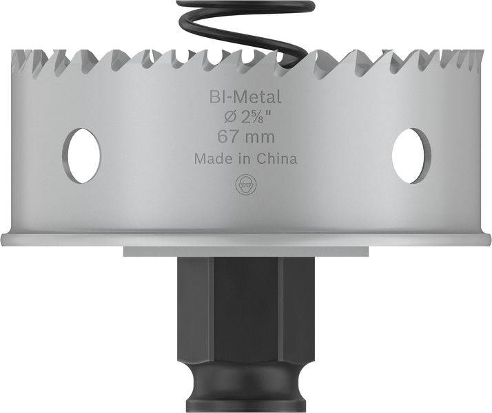 Metallsägeaufsatz mit Zähnen, Durchmesser 67 mm, Aufschrift 'BI-Metal', 'Made in China', geeignet zum Bohren großer Löcher.