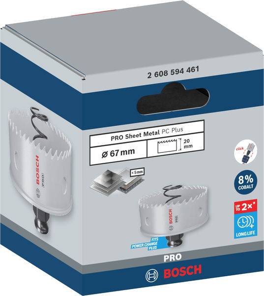 Eine Verpackung für ein Bosch-Pro-Sägeblatt 'PRO Sheet Metal PC Plus', Ø 67 mm, geeignet für Blechbearbeitung mit 8 % Kobalt.