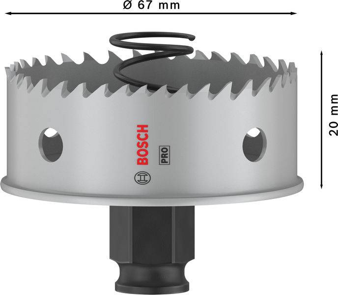 Lochsäge mit 67 mm Durchmesser und 20 mm Tiefe, Markenlogo 'BOSCH PRO', graue Farbe, gezackter Rand und Spindel in der Mitte.