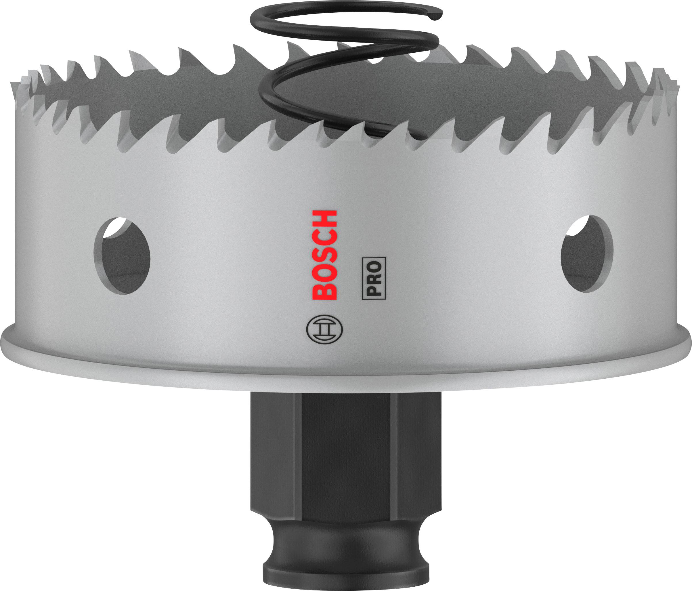 Metall-Lochsäge mit gezackter Kante und Feder. Geeignet für präzises Bohren in Metalloberflächen. Bosch-Logo sichtbar.
