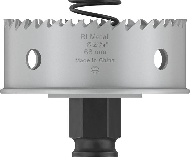 BI-Metal Lochsäge, 68 mm Durchmesser, mit Feder, aus China gefertigt.