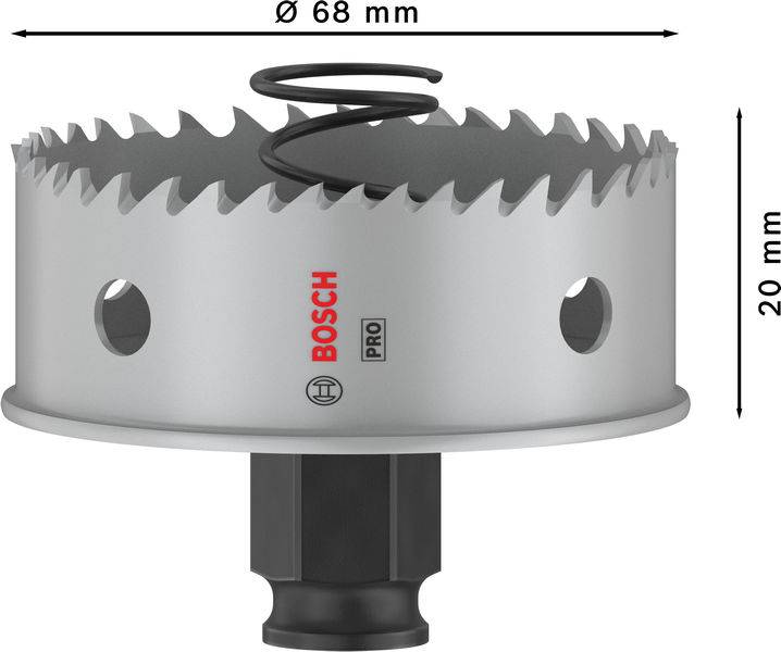 Bohrkrone von Bosch, Ø 68 mm, Höhe 20 mm, mit scharfen Zähnen und Befestigungsmechanismus unten, für präzises Bohren in Materialien.