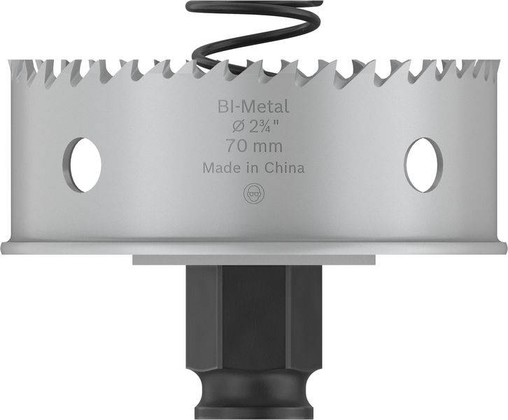 Metall-Lochsäge mit gezackten Kanten, Aufschrift 'BI-Metal', Durchmesser 70 mm, hergestellt in China.