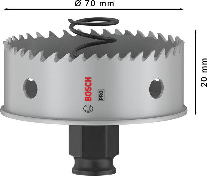 Lochsäge von Bosch, Durchmesser 70 mm, Höhe 20 mm, mit Markierung 'Bosch Pro'. Verwenden für präzises Bohren in Metall oder Holz.