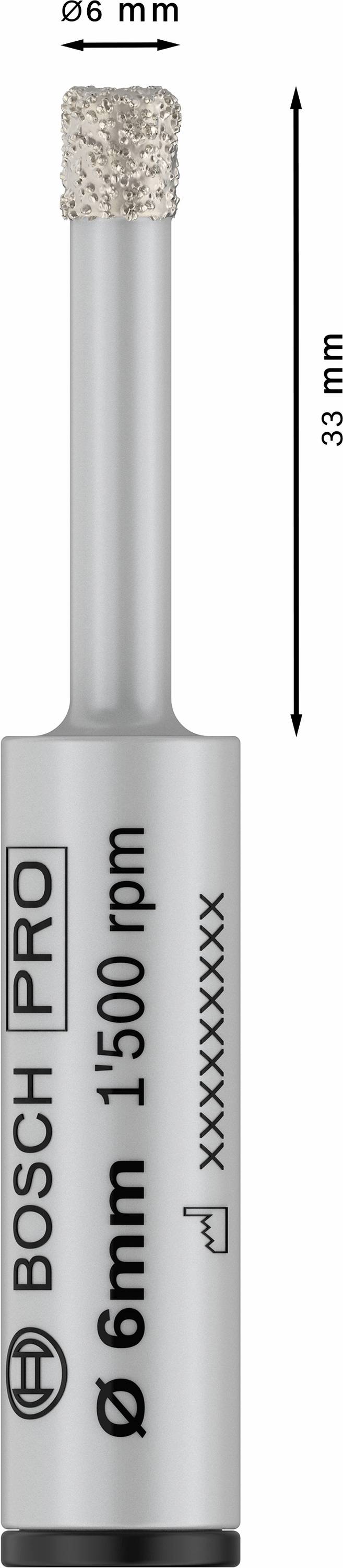 Diamantbohrer von Bosch, 6 mm Durchmesser, 33 mm lang; für professionelle Anwendungen geeignet.