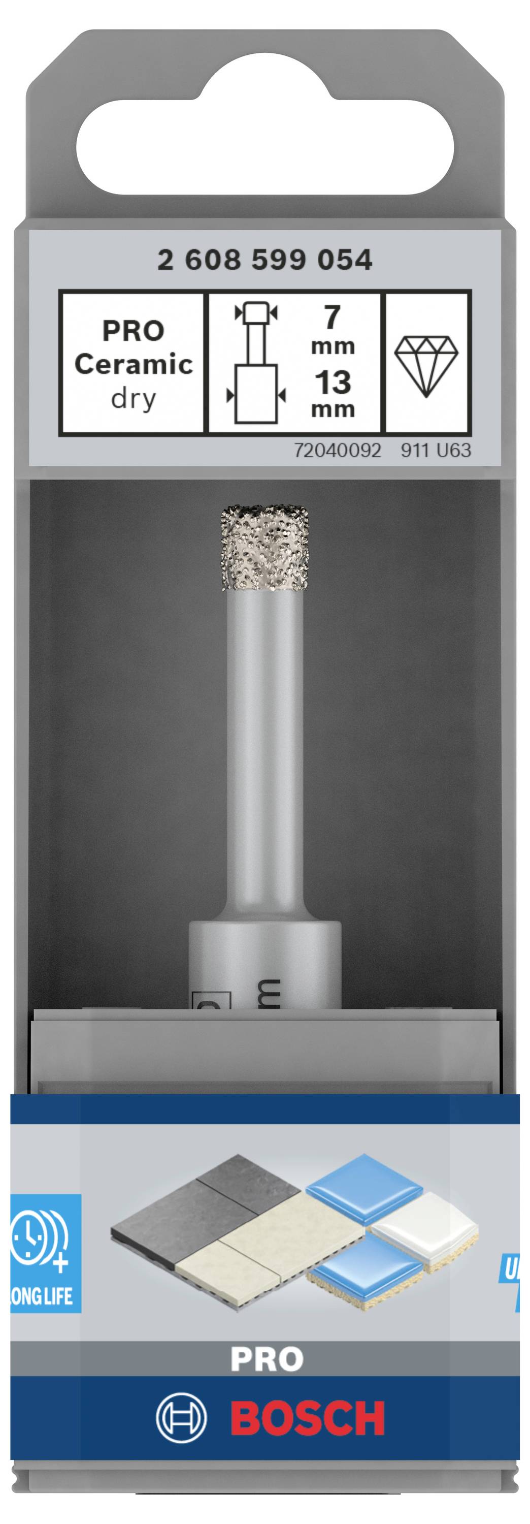 'Bosch PRO Ceramic' Bohrer in Verpackung. Geeignet für trockene Bohrungen in Keramik, 7 mm Durchmesser, 13 mm Arbeitstiefe.