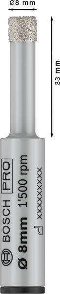 Bohrer für präzises Bohren in harten Materialien, 8 mm Durchmesser, 33 mm Bohrtiefe. Markierung zeigt Produktinfos von 'Bosch Pro'.