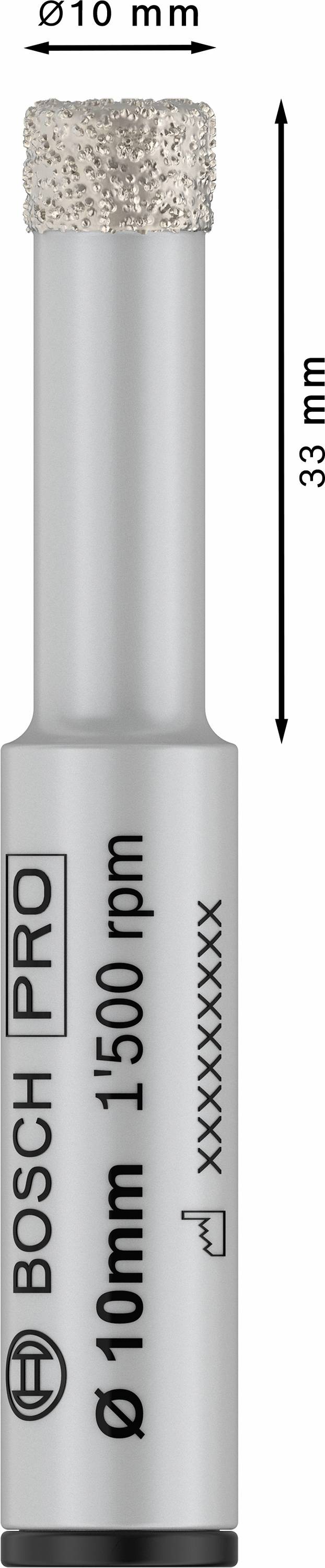 Bohrer mit 10 mm Durchmesser und 33 mm Länge, geeignet für 1500 U/min. Markierung 'BOSCH PRO' und anderen technischen Daten.