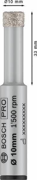 Diamantbohrer von Bosch Pro, Durchmesser 10 mm, Länge 33 mm, mit 15000 U/min angegeben.