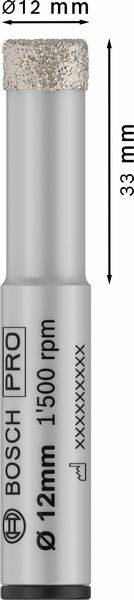 Diamantbohrer von Bosch mit Durchmesser 12 mm und Länge 33 mm, geeignet für 1500 U/min.