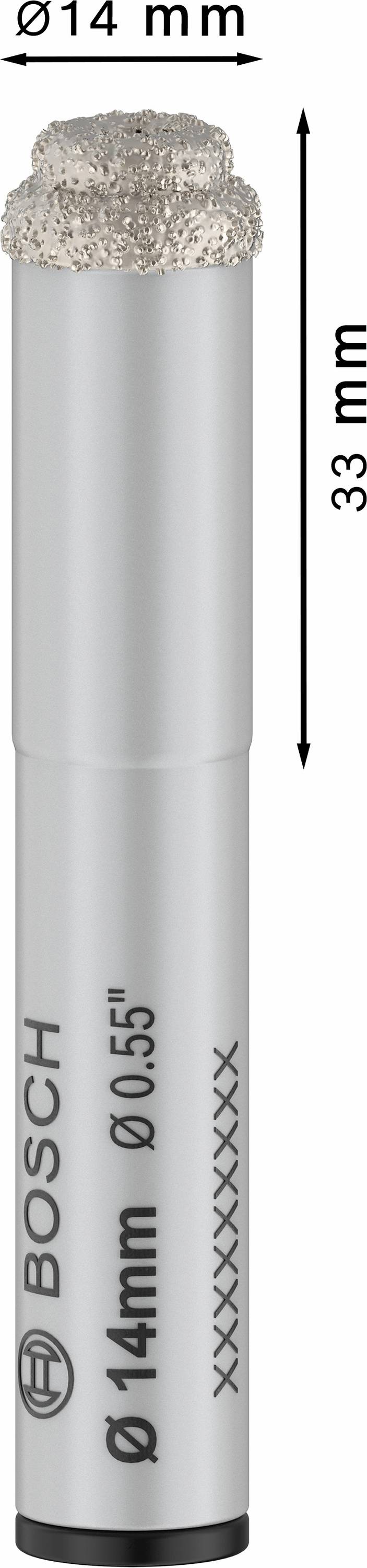 Diamantbohrer von Bosch, silber, mit einer Länge von 33 mm und einem Durchmesser von 14 mm, geeignet für präzises Bohren.