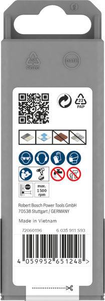 Verpackung einer Stichsägeklinge mit QR-Code, Symbole für Anwendungsarten, Herstellerangaben 'Robert Bosch Power Tools', hergestellt in Vietnam.