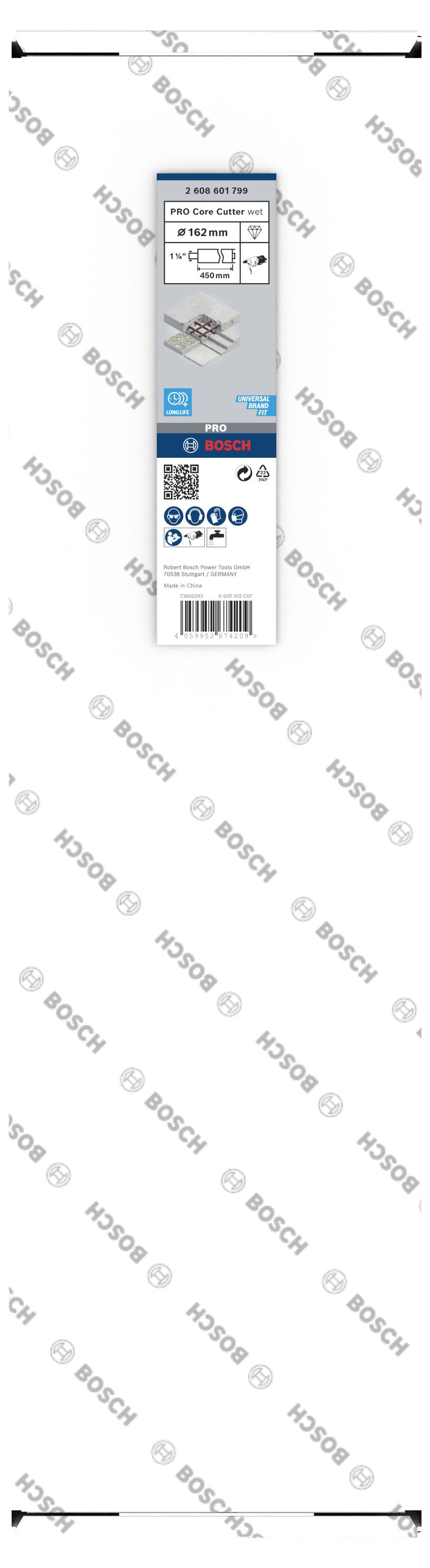 'Bosch' Bohrer-Verpackung, zeigt Produktinformationen wie Größe und Typ. Enthält Text, Symbole und Diagramm über Bohrertyp und -anwendung.