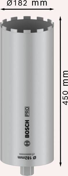 Die Abbildung zeigt einen 450 mm langen zylindrischen Bohrer von Bosch Pro mit einem Durchmesser von 182 mm.