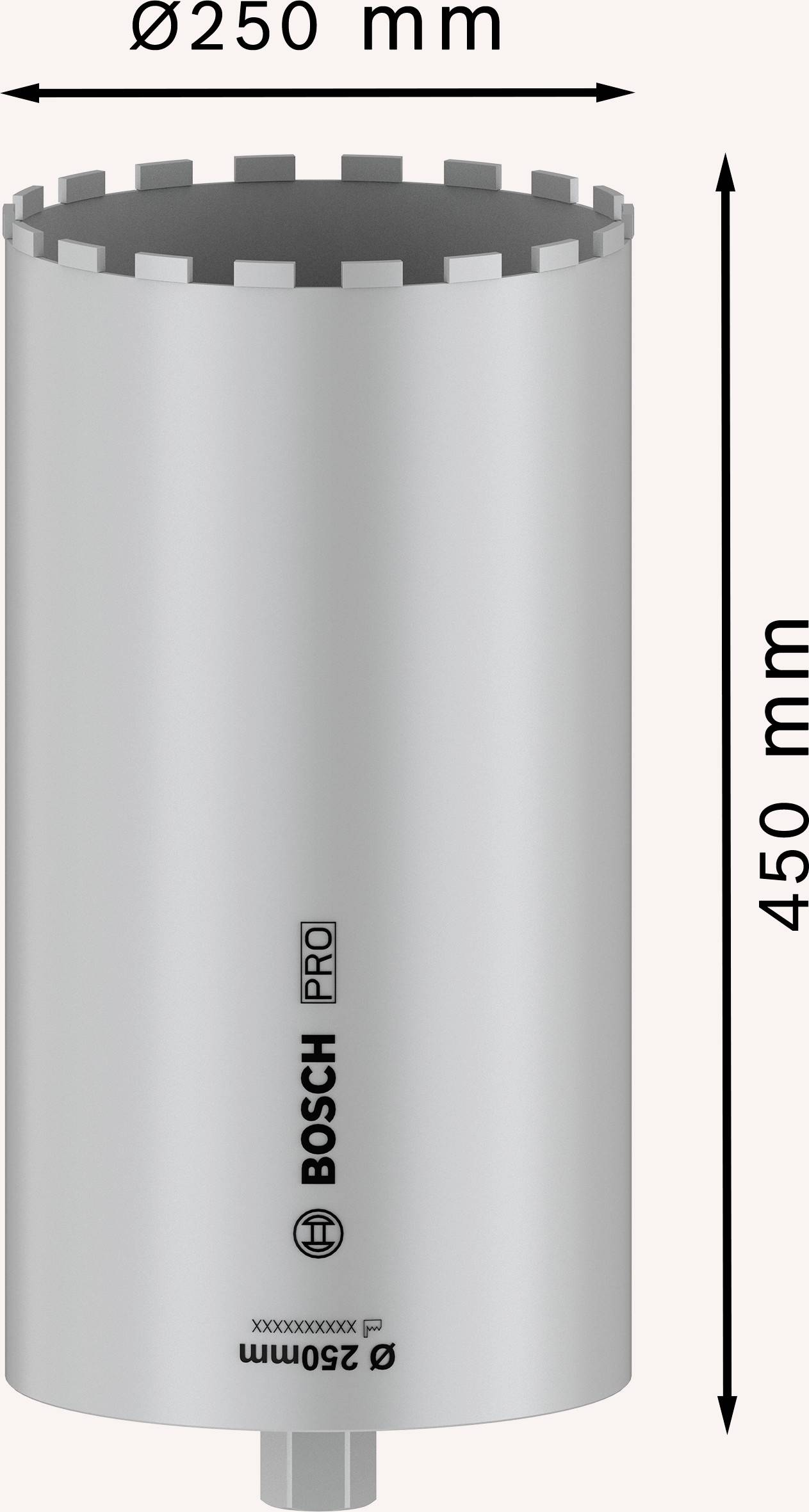 Bohraufsatz für Beton von Bosch mit einem Durchmesser von 250 mm und einer Länge von 450 mm, geeignet für professionelle Anwendungen.