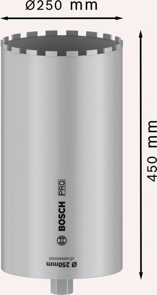 Bohrer für Beton, Marke Bosch, Durchmesser 250 mm, Länge 450 mm, silberfarben, mit Pro-Aufschrift, technische Abbildung.