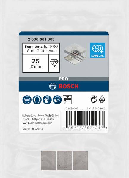 Etikett für einen 25 mm 'Segments for PRO Core Cutter wet' von Bosch, hergestellt in China. Enthält Logos und Herstellerinformationen.