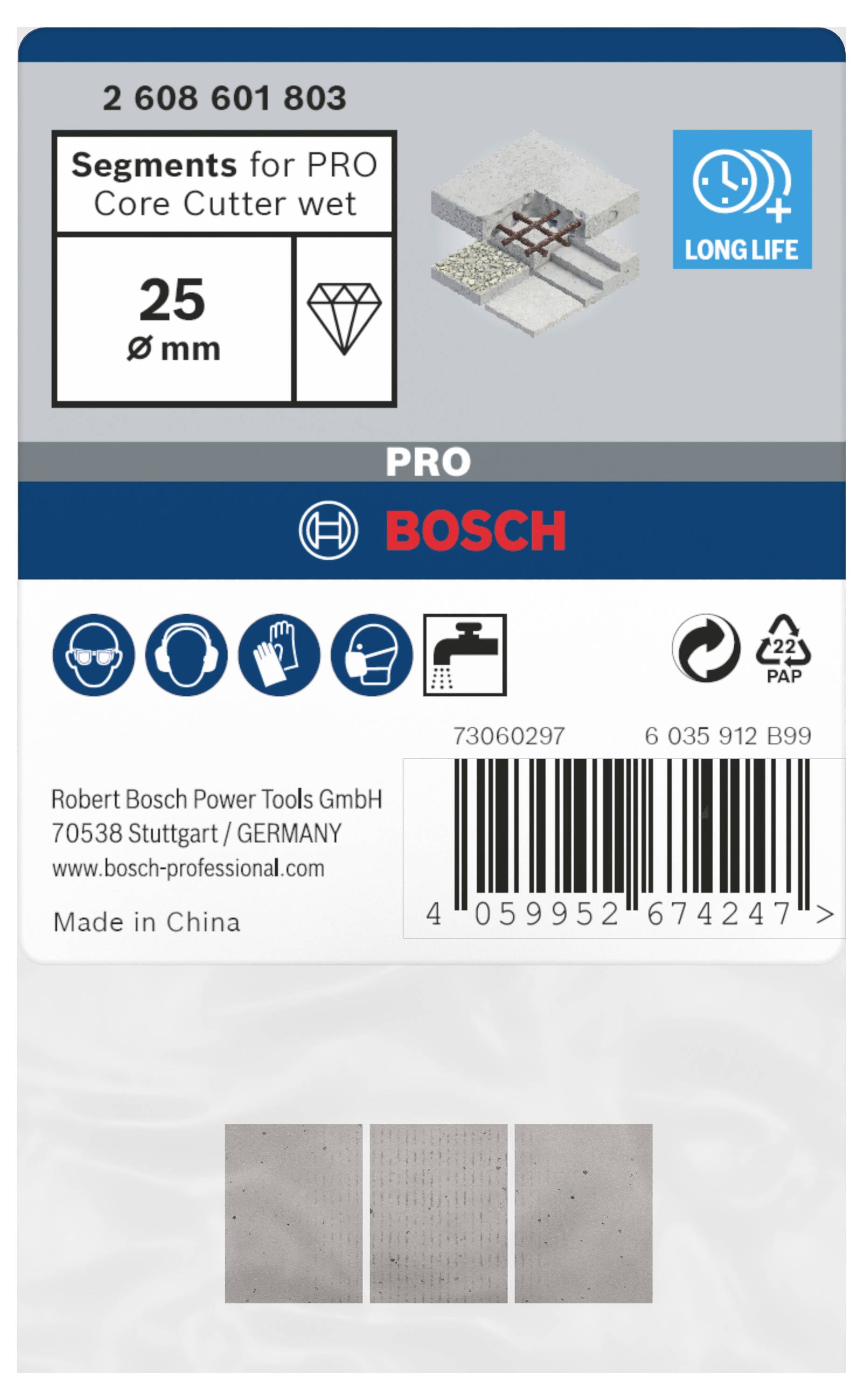 'PRO BOSCH' Segments für Kernbohrer, Durchmesser 25 mm, nass, langlebig. Verpackung mit Barcode und Produktabbildung.