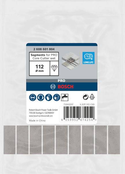 Verpackung eines BOSCH Segments für PRO Kernbohrer nass, Durchmesser 112 mm. Zeigt Produktinformationen und Herstellerdetails.