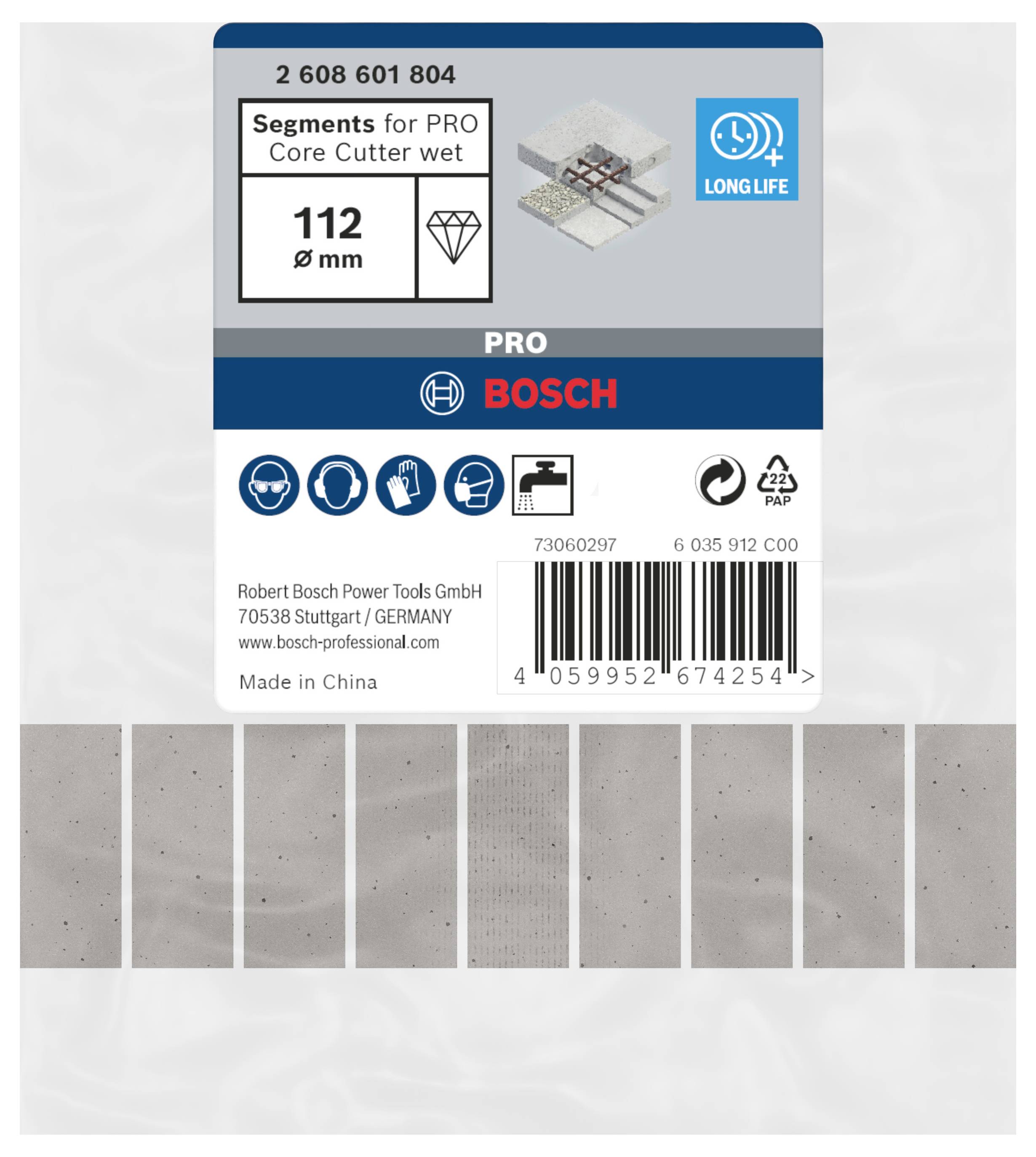 Verpackung von Bosch 'PRO' Kernbohrer-Segmenten. Durchmesser: 112 mm, nass. Abgebildet sind fünf Segmente. Hergestellt in China.