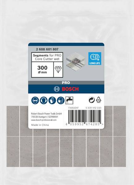 Verpackung von Bosch Segmente für PRO Kernbohrer, 300 mm, für nasse Anwendungen. Enthält Barcode und Herstellerinformationen.