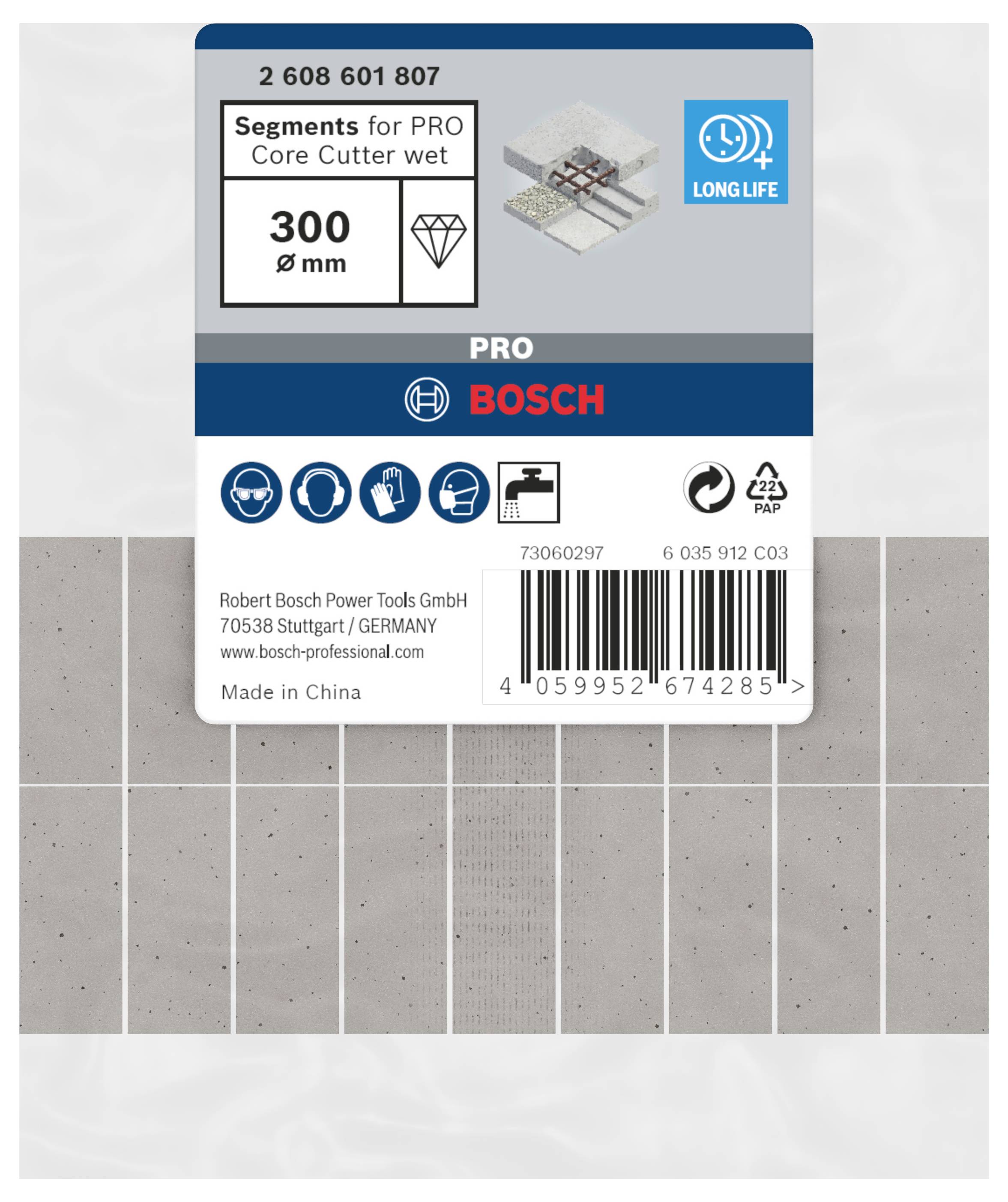 Verpackung von Bosch-Kernbohrsegmenten, 300 mm Größe, für PRO Core Cutter wet. 'LONG LIFE'-Logo. Hergestellt in China.