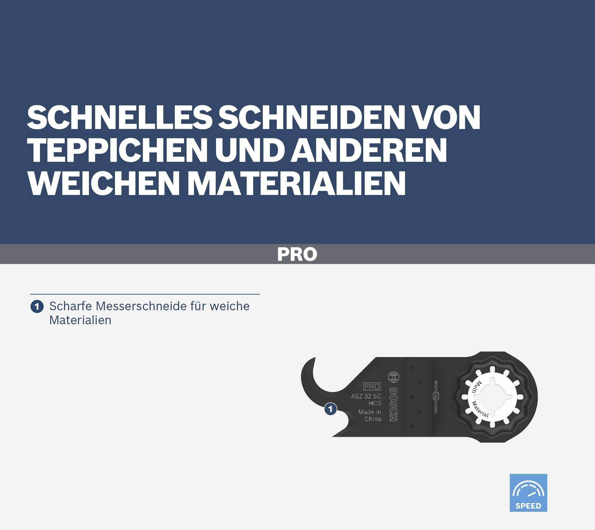 Ein Werkzeug zum schnellen Schneiden von Teppichen und weichen Materialien. Text: 'Scharfe Messerschneide für weiche Materialien'.