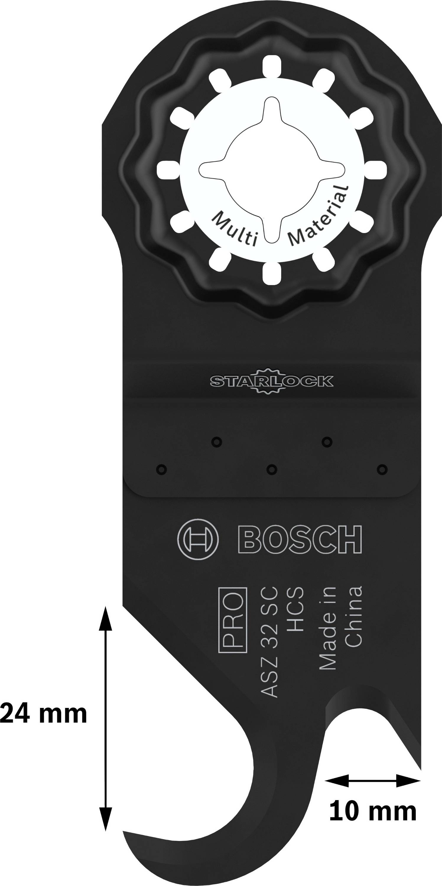 Multifunktionswerkzeugklinge von Bosch, Modell PRO AIZ 32 SC. Geeignet für diverse Materialien. Maße: 24 mm x 10 mm.