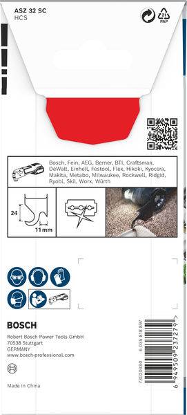 Ein Bohrer mit roter Spitze in einer Verpackung. Enthält Markennamen wie Bosch und Symbolgrafiken zur Werkzeugnutzung.