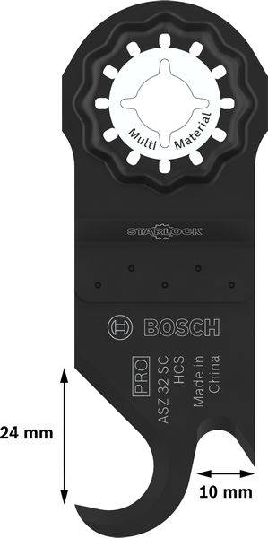 Zubehör für Multifunktionswerkzeug: Bosch Starlock Pro, Hakenform. Aufschrift: 'Multi Material'. Maße: 24 mm Breite, 10 mm Tiefe.
