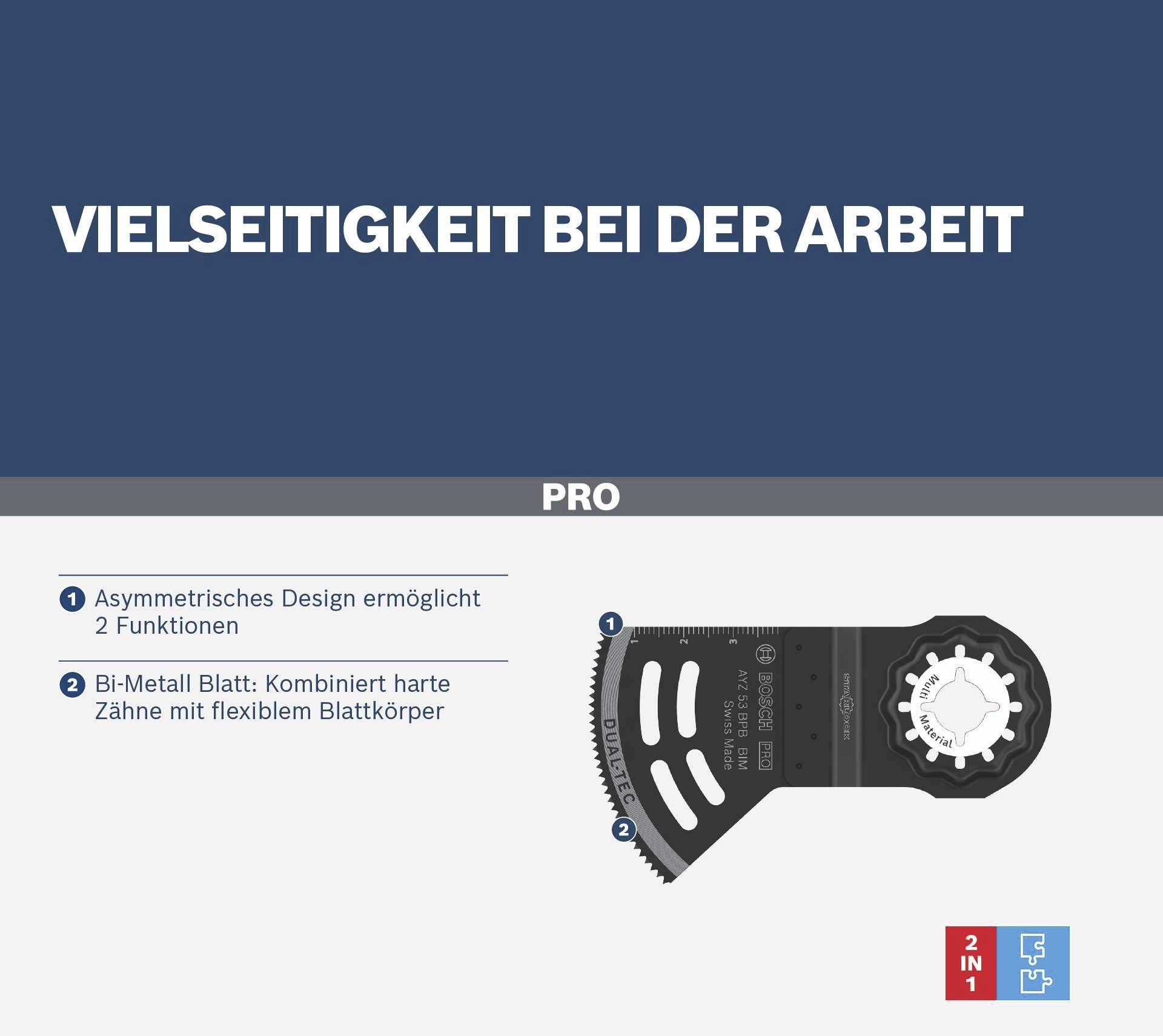 'Vielseitigkeit bei der Arbeit' über einem Bild von einem Sägeblatt. Text beschreibt asymmetrisches Design und Bi-Metall-Blatt mit flexiblen Körper.