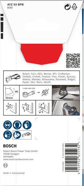 Verpackung für ein Bosch-Werkzeugzubehör mit Produktinformationen und einer Abbildung zur korrekten Anwendung. Enthält QR-Code.
