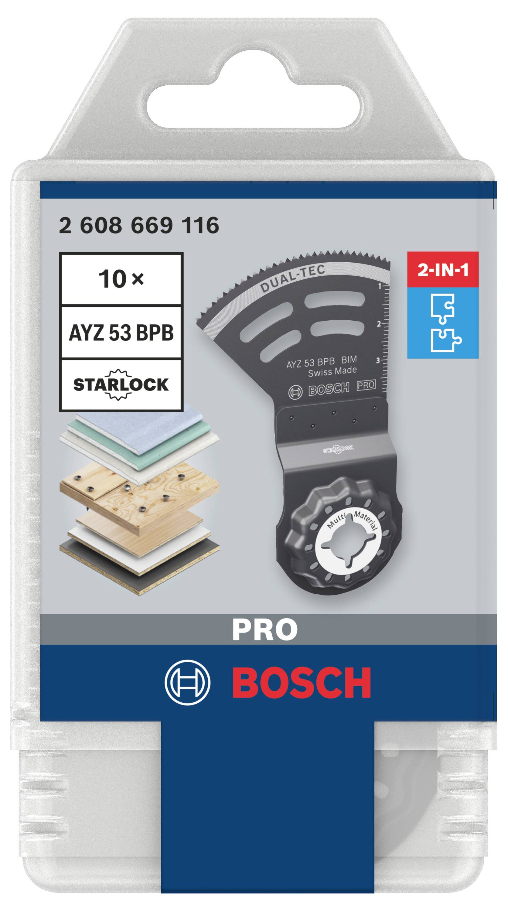 Verpackung eines Bosch Starlock Dualtec Sägeblatts, Kunststoff, mit 2-in-1 Funktion für Holz und Metall, 10 Stück.