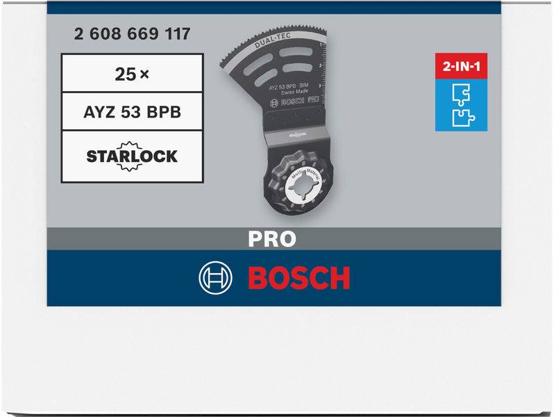 Bosch PRO Starlock Messeraufsatz, 25 Stück, Modell AYZ 53 BPB, Artikelnummer 2 608 669 117. 2-in-1 Funktion.