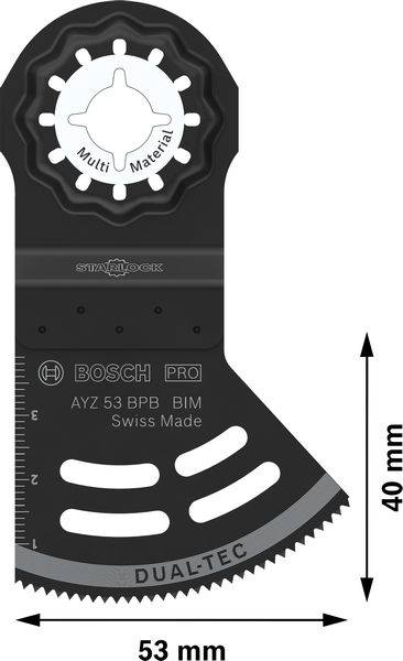 'Bosch Pro' Sägeblatt mit 53 mm Breite, 40 mm Höhe. 'Multi Material' und 'Dual-Tec' markiert. Swiss Made. Ideal für präzise Schnitte.